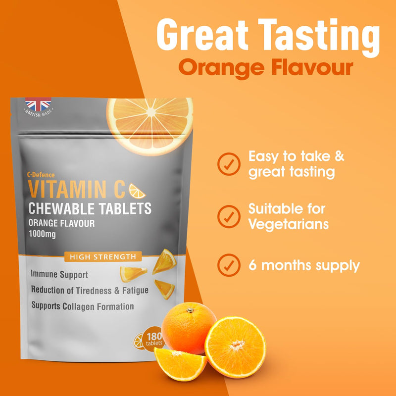 Vitamin C Chewable 180 Orange Tablets 1000mg, Supports Immune Health and Helps Fight Colds - Helps Reduce Tiredness and Fatigue 180 count (Pack of 1)
