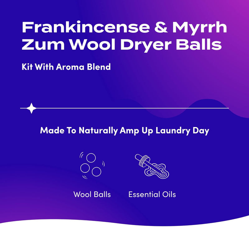[Australia] - Indigo Wild Zum Laundry Dryer Balls Kit - Wool Laundry Balls for The Dryer - Essential Oil Spray - Reusable Drying Balls for Laundry - Frankincense & Myrrh - (3 Dryer Balls, 1 Aroma Blend) 