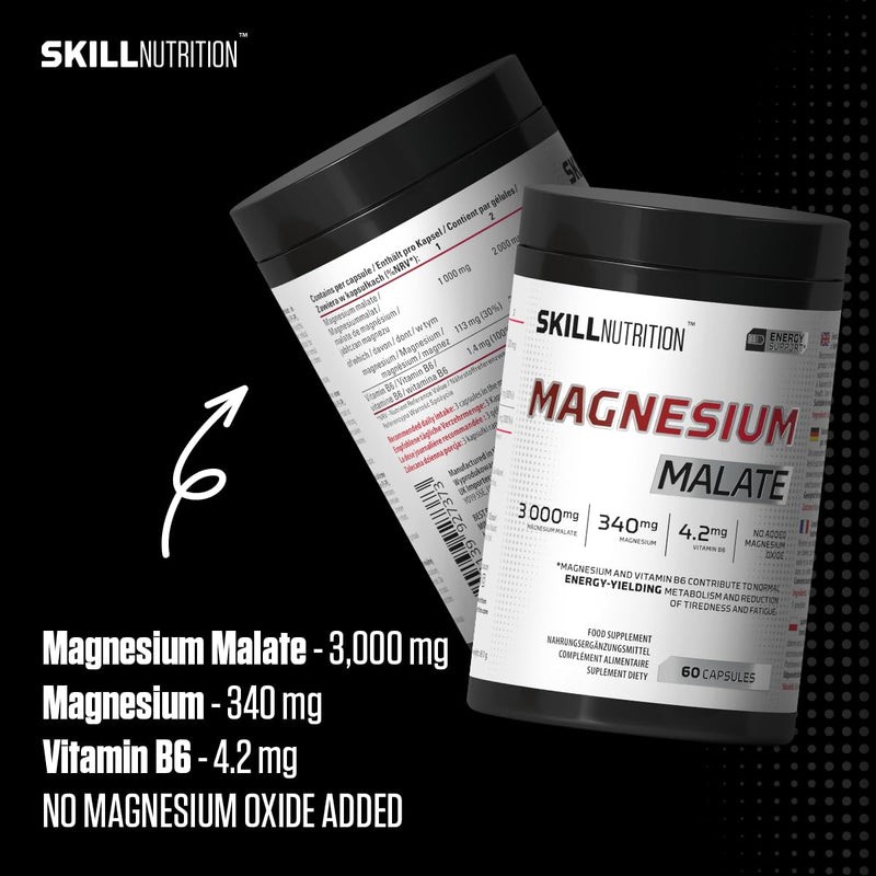 Skill Nutrition Magnesium Malate + Vitamin B6 | 340 mg Magnesium per Serving | 3000 mg Magnesium Malate, Active B6 P-5-P | No Magnesium Oxide | 60 Capsules