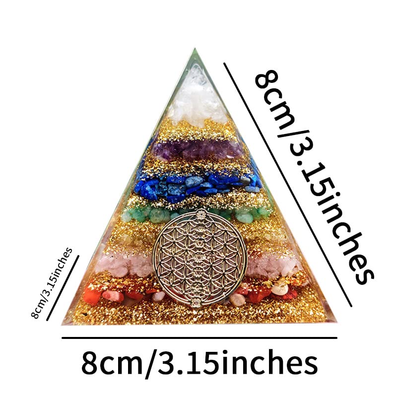 Orgonite 7 Chakra Energy Pyramid Aura Quartz Divination,Yoga Meditation Resin Handcraft EMF Protection Home Ornaments(8CM,Extra Large)
