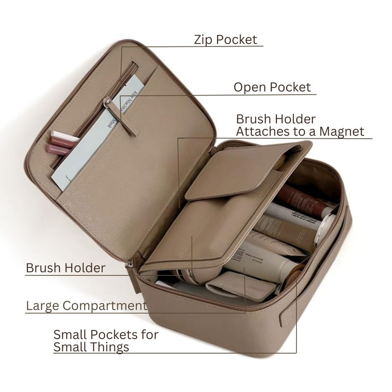 MELINE Leather Makeup Bag with Brush Holder,Travel Cosmetic Case for Women,Large Capacity Waterproof Toiletry Bag with Handle,Stylish and Durable Makeup Organizer (Taupe) Taupe