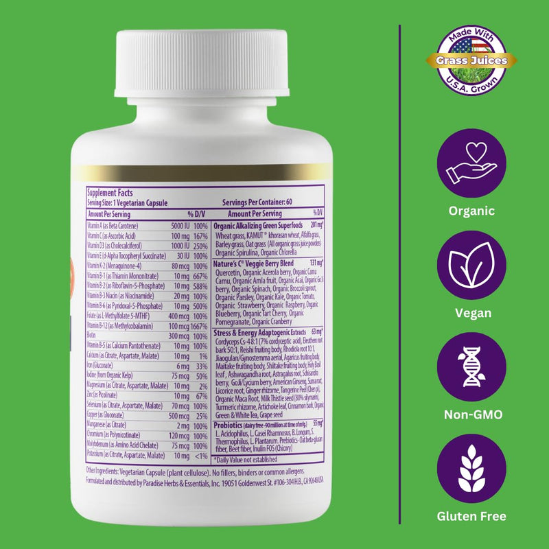 Paradise Herbs Earth's Blend Once Daily Multivitamin for Men, No Iron, 48 Organic Superfoods, Probiotics, and Vitamins A, B12, C, D, K2, 60 Count (Pack of 2)