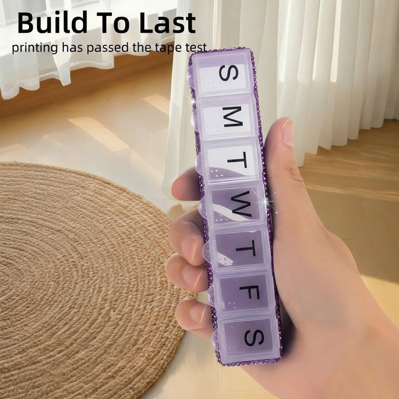 Weekly Pill Organizer 7 Day Small Pill Case Medicine Holder Daily Pill Box Bling Vitamin Container Medication Cases Organizers(Purple) Purple