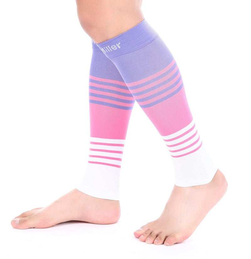 Doc Miller Compression Calf Sleeve for Men & Women, 20-30 mmHg Graduated Support, Knee High, Running, Shin Support, Calf Sleeves, Striped Design, 1 Pair X-Large Pink.Violet.White