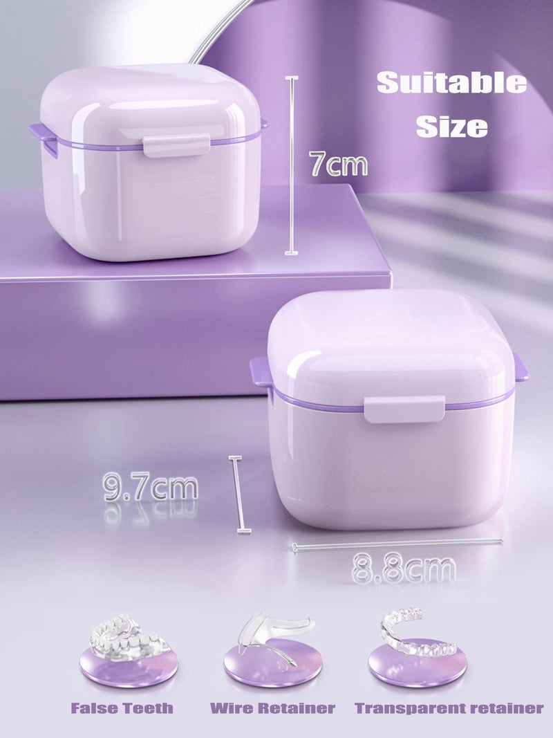 [Australia] - MURRI&MURRDI Retainer Case 2 Pack, Denture Case with Mirror, Denture Bath Box with Strainer Basket, Cute Denture Holder Storage Soak Container for Travel Cleaning, Braces Cleaner Kit (C Purple) C Purple 