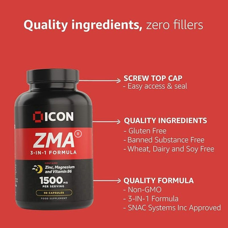 ICON Nutrition ZMA Supplement - 1500mg Per Serving, Sleep Vitamin Supplement, 3-in-1 Formula, Better Sleep Performance, Muscle Strength, Zinc, Magnesium and Vitamin B6-90 Tablets (1 Month Supply)