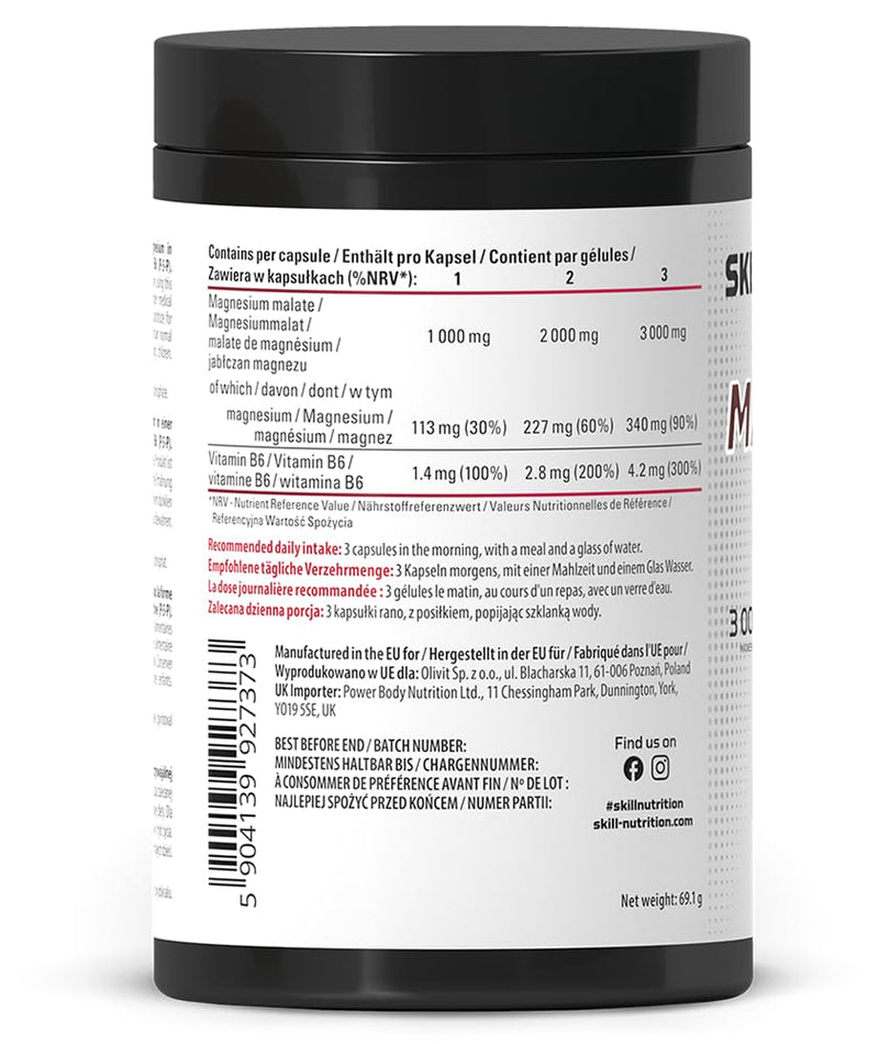 Skill Nutrition Magnesium Malate + Vitamin B6 | 340 mg Magnesium per Serving | 3000 mg Magnesium Malate, Active B6 P-5-P | No Magnesium Oxide | 60 Capsules