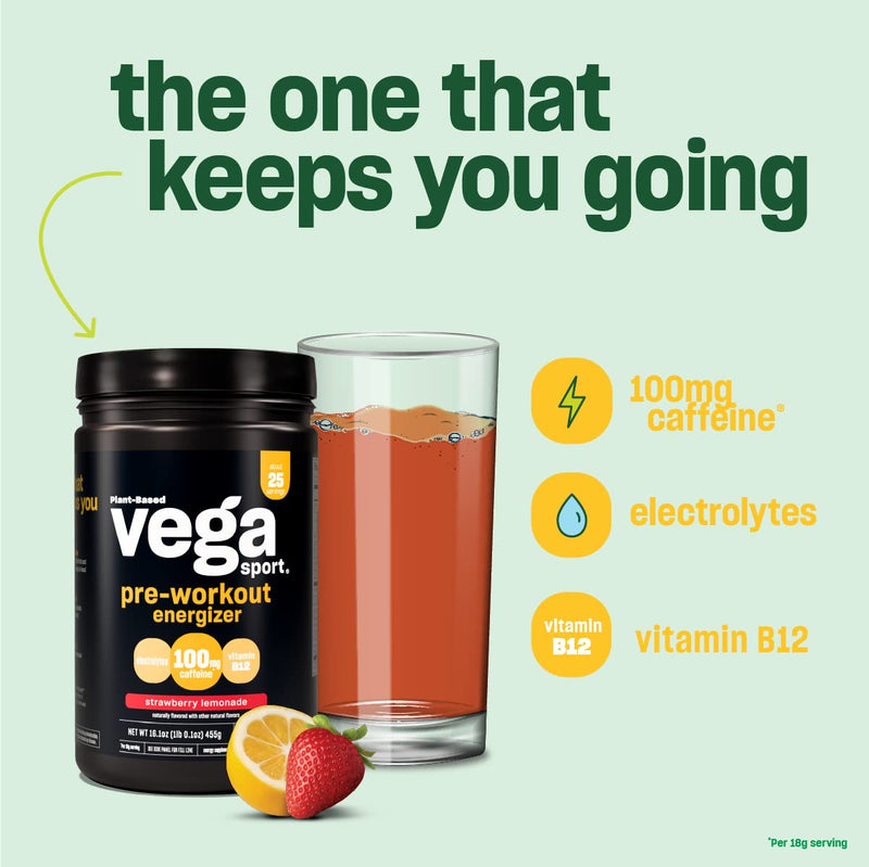 [Australia] - Vega Sport Pre-Workout Energizer, Strawberry Lemonade - Pre Workout Powder for Women & Men, Supports Energy and Focus, Electrolytes, Vegan, Keto, Gluten Free, Non GMO, 1.1 lbs 25 Servings (Pack of 1) 