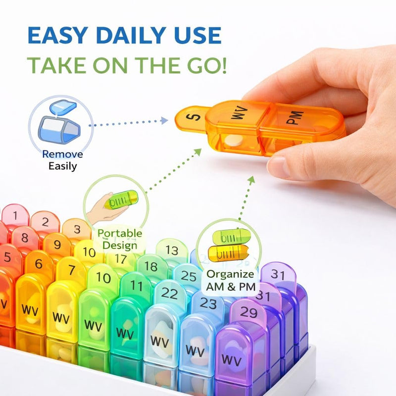 Monthly Pill Organizer Monthly 31 Day AM PM – Pill Sorter Monthly with Large Compartments, 2 Times Pill Container,Monthly Pill Holder for Vitamins, Supplements & Daily Medication