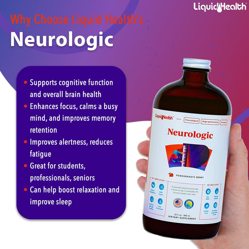 LIQUIDHEALTH Calcium and Magnesium & Neurologic Nootropic Liquid Vitamin Supplements Bundle for Adults - Support Bone & Tissue Health, Improve Memory, Focus & Concentration - Vegan, Non-GMO, USA Made