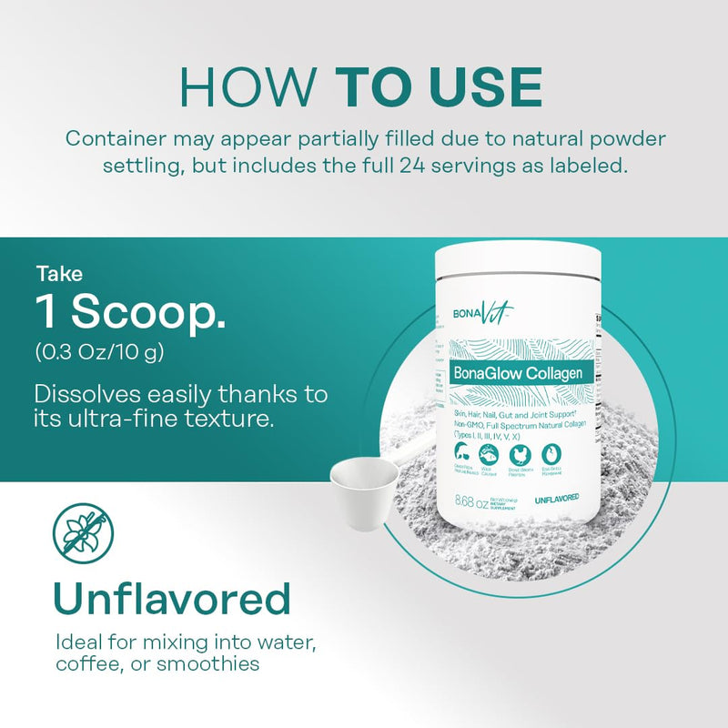 Multi Collagen Peptides Powder Collagen 4 Sources Dr. Formulated | Unflavored, 1lb, Hydrolyzed 6-Type , Vitamin C, Probiotics & Digestive Enzymes, BonaGlow 8.67 Ounce (Pack of 1)
