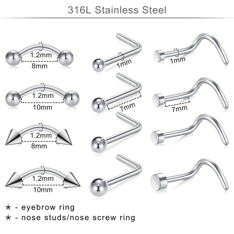 JIESIBAO 66-113pcs Mixed Piercing Kit,Piercing Kits for All Piercings Stainless Steel 14G 16G 18G 20G Nose Septum Cartilage Tragus Earrings Belly Nipple Tongue Lip Ring 1-75PCS-Mixed-size