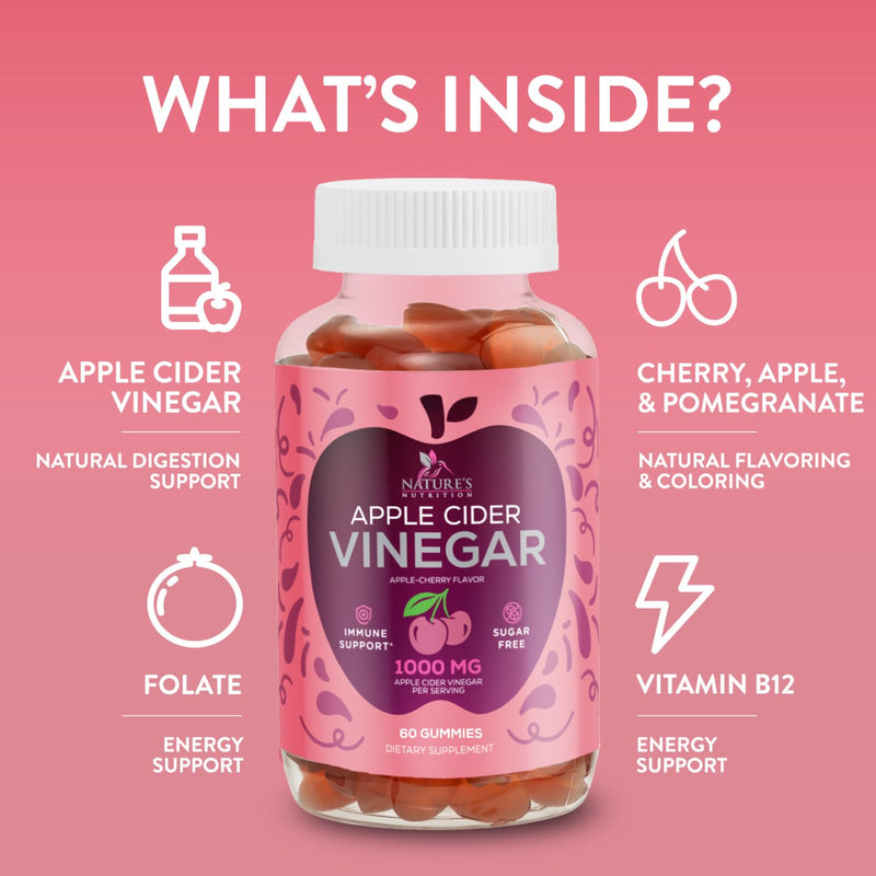 Apple Cider Vinegar Gummies 1000mg Per Serving - Sugar Free ACV Gummy Vitamins Supplement - Vitamin B12 & B6 for Energy - Digestion, Detox & Cleanse Support, Vegan, Gluten-Free, Non-GMO - 60 Gummies 60 Count (Pack of 1)