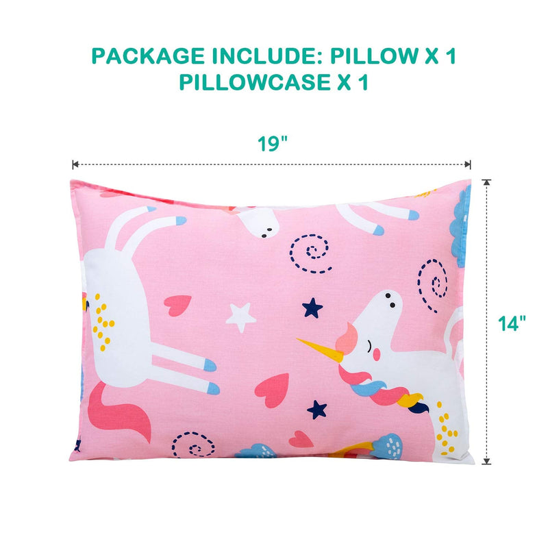 [Australia] - Toddler Pillow with Organic Cotton Pillowcase Set 14x19, Pink Unicorn Kids Pillows for Sleeping, Girls Breathable Pillow with Pillow Cover for Kids Sleeping, Machine Washable 14*19in 1 Pack 