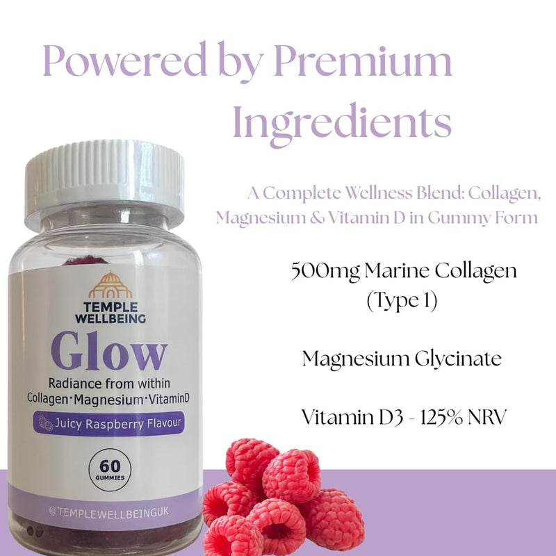 Glow Collagen Gummies | High-Strength Type 1 Hydrolysed Collagen with Magnesium & Vitamin D | Skin, Hair & Nail Support | Delicious Juicy Raspberry Flavour | 60 Chewable Gummies