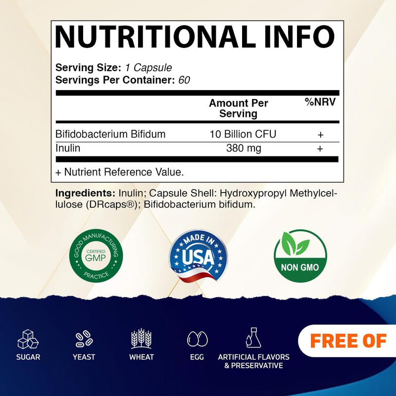 Vitamatic Bifidobacterium Bifidum - 10 Billion per DR Capsule - 60 Count - Digestive Support - Made with Prebiotic Inulin Fiber.