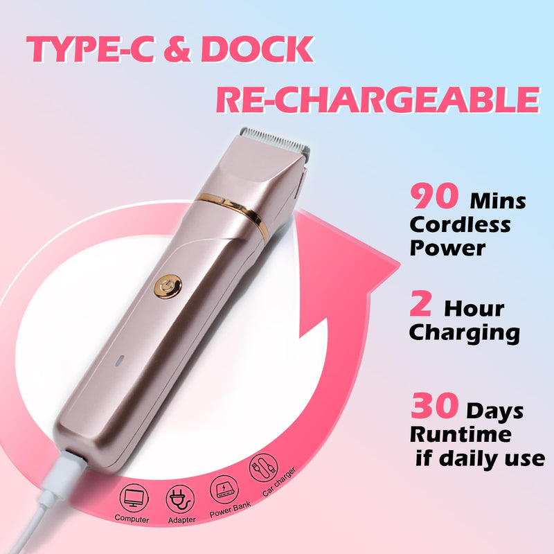 [Australia] - Bikini Trimer for Women,2 in 1 Electric Razor Shaver Facial Hair Women-IPX7 Waterproof Wet/Dry,USB Recharge Dock with Snap-in Ceramic Blades for Face Body Leg Bikini Underarm Arm 
