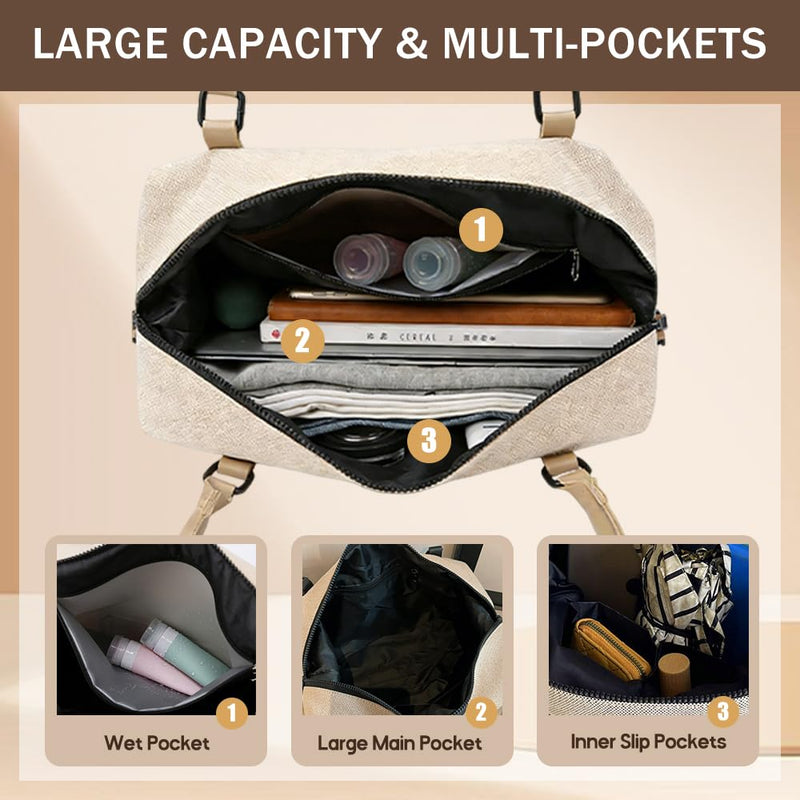 Travel Duffle Bag for Women, Canvas Carry On Weekender Overnight Bags with Wet Pocket, Gym Tote Bag for Business Trip Sports (Beige Black) Beige Black