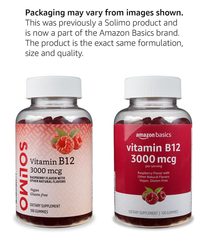 Amazon Basics Vitamin B12 3000 mcg Gummies, Normal Energy Production and Metabolism, Immune System Support, Raspberry, 100 Count (2 per Serving) (Previously Solimo) 100 Count (Pack of 1)