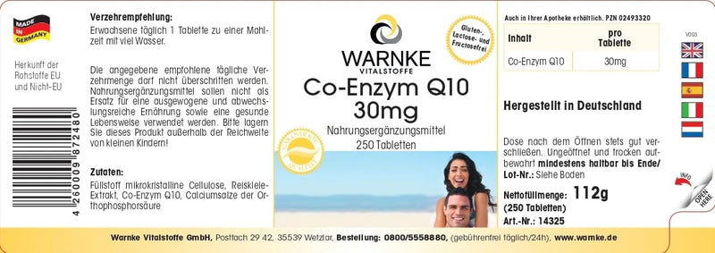 [Australia] - Coenzyme Q10 30mg - 250 tablets - CoQ10 tablets - vegan - bulk pack | Warnke vital substances - German pharmacy quality 