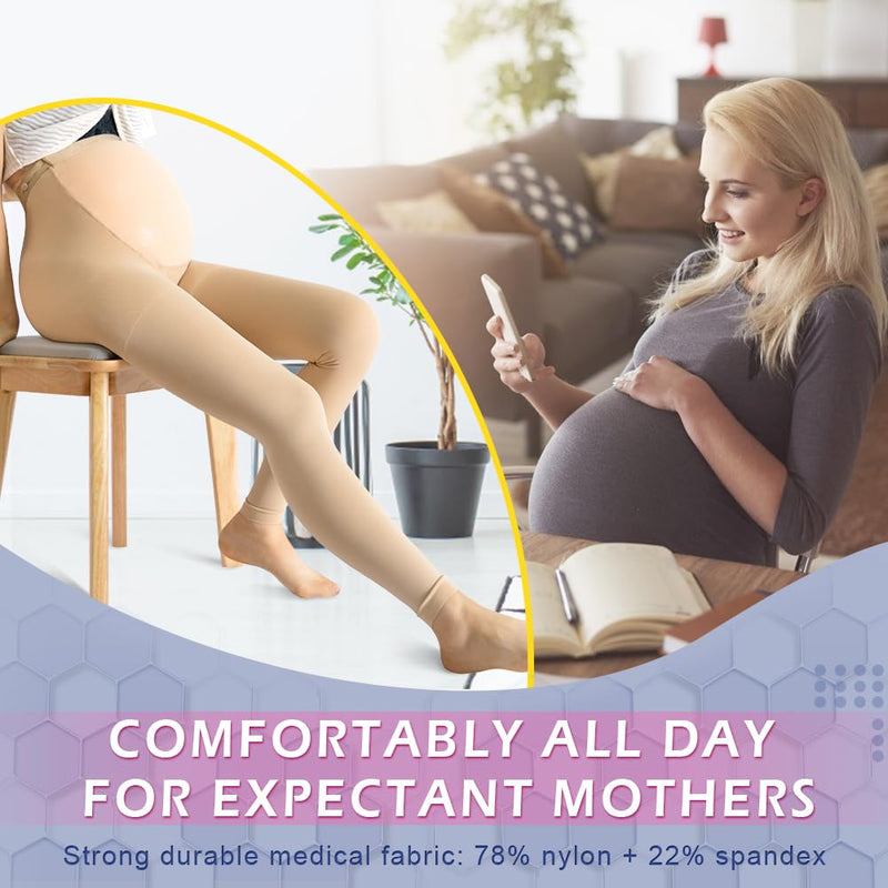 [Australia] - beister Maternity Medical Compression Tights, 20-30mmHg Graduated Support Pregnancy Legging with Button Elastic Band & Abdominal Protection, Footless High Waist Compression Pantyhose for Varicosity Beige Medium 