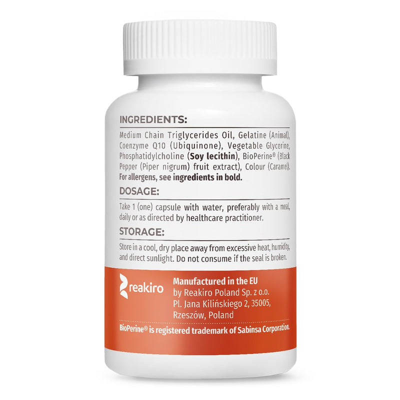 Reakiro Forte Coenzyme Q10 200mg of CoQ10 per Capsule, 60pcs I High Strength Naturally Fermented Co Enzyme Q10 Supplement with BioPerine I Expertly Crafted for Optimal Energy and Vitality 60 count (Pack of 1)
