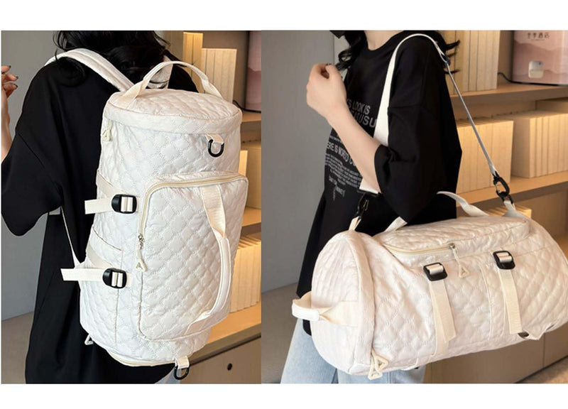 Jupkem Quilted Travel Duffel Bag Backpack Large-capacity independent shoe compartment Adjustable Carry Strap Gym Tote Bag (White) White
