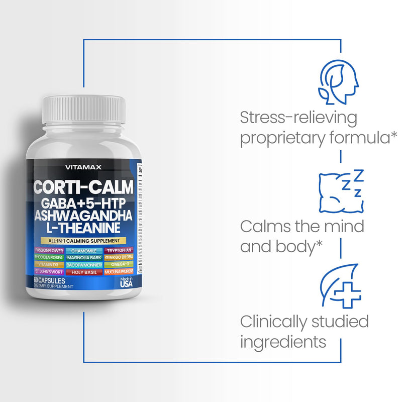 Corti-Calm Cortisol Supplement, L Theanine, Ashwagandha, Vitamin D 3, GABA for Relaxation, Fatigue & Focus with Ginkgo Biloba, Bacopa Monnieri, 5-HTP – Non-GMO, Made in USA – 60ct