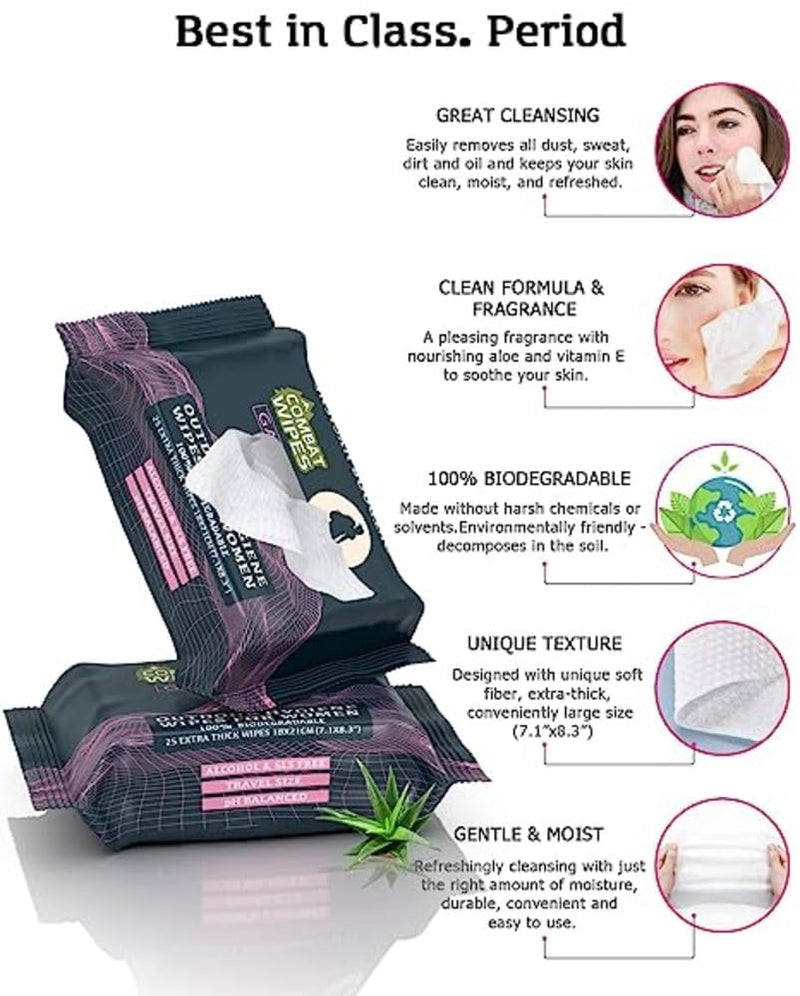 [Australia] - Combat Wipes Gaia - Feminine Hygiene Outdoor Wet Wipes - Extra Thick, Ultralight, Biodegradable, pH Balanced Body & Hand Cleansing Cloths for Women w/Aloe (1 Pack, 25 Wipes) 25 Count (Pack of 1). 