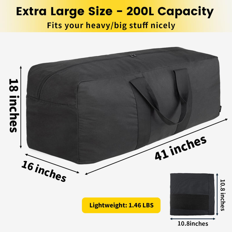 Vorspack 200L Extra Large Duffle Bag for Travel, Camping - Black | Foldable Travel Bag, Thickened 600D Polyester, Tear-Resistant, Padded Handle, Ideal for Moving, Weekend, Overnight, Hospital 200 l