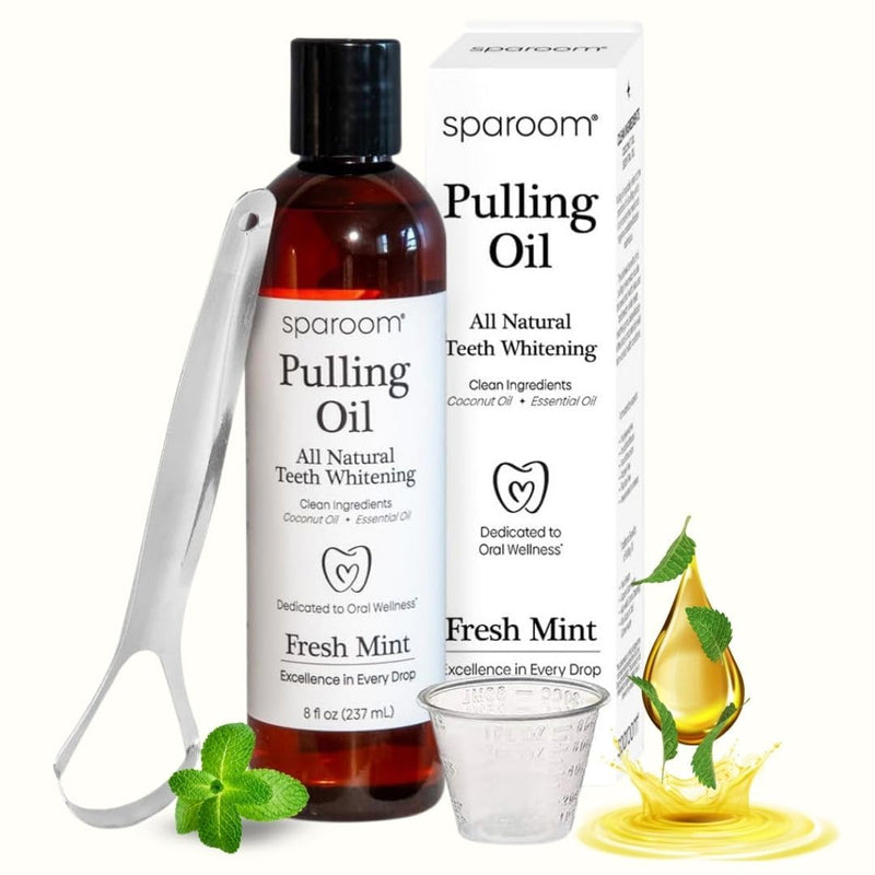 SpaRoom Oil Pulling for Teeth and Gums – Coconut Oil Pulling for Teeth with Tongue Scraper, Fresh Mint Flavor, Natural Mouthwash Alternative for Gum Health, Oral Hygiene, and Breath Support, 8 fl oz 1-pack