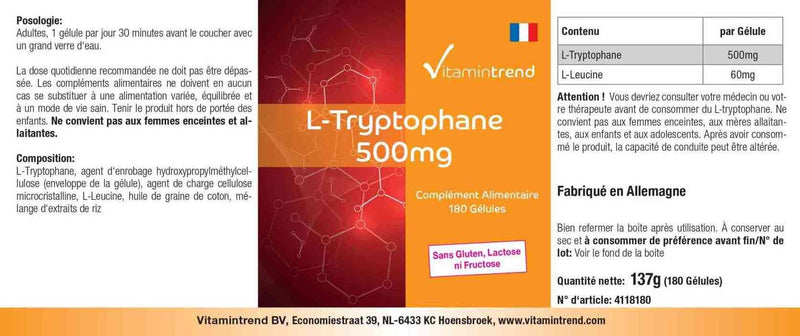 [Australia] - L-Tryptophan 500mg - 180 capsules - vegan - bulk pack for 6 months | Vitamintrend® 