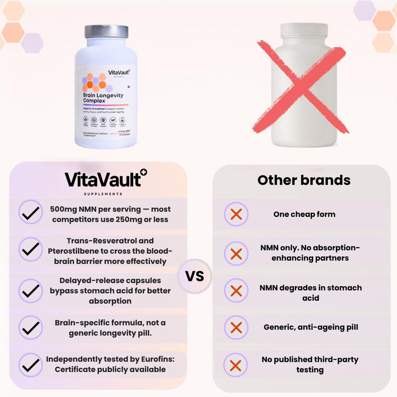 VitaVault NMN Supplement | 500mg with Resveratrol, Quercetin, TMG & Pterostilbene | NAD+ Support | 90 Capsules | Brain Longevity Complex | Supports Focus & Healthy Ageing | Sustained Release