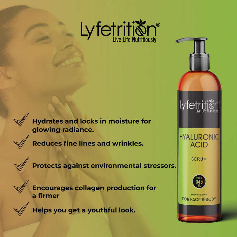 Lyfetrition Hyaluronic Acid Serum for Skin, Moisturizing and Hydrating Serum for All Types of Skin, 100% Natural Face Serum with Vitamin C & Aloe Vera (12 Fl Oz), Clear Serum, (Lyfe7581)