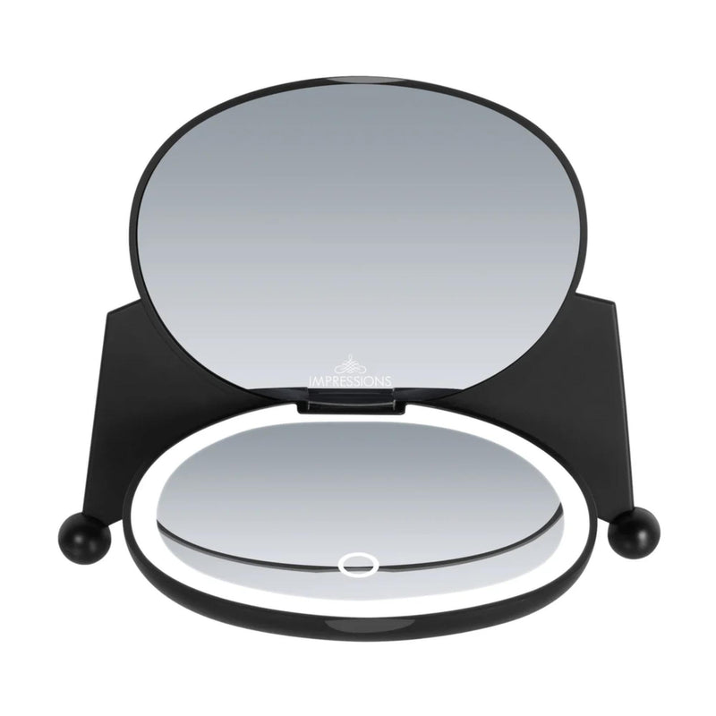 Impressions Vanity Kuromi Bundle Double Layer Travel Makeup Organizer Bag with Slip Pocket and Bottom Compartment, LED Compact Mirror with 3X Magnification, Adjustable Brightness with Figural Design