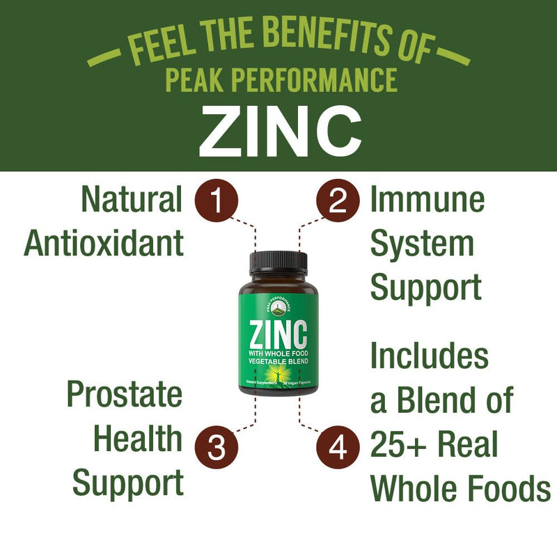 Peak Performance Vegan Zinc Supplement with Vitamin C + Whole Food Blend of | 25 Vegetables and Fruits for Max Absorption. Zinc Supplements 30mg Capsules, Pills, Vitamins for Adults Both Men and Women