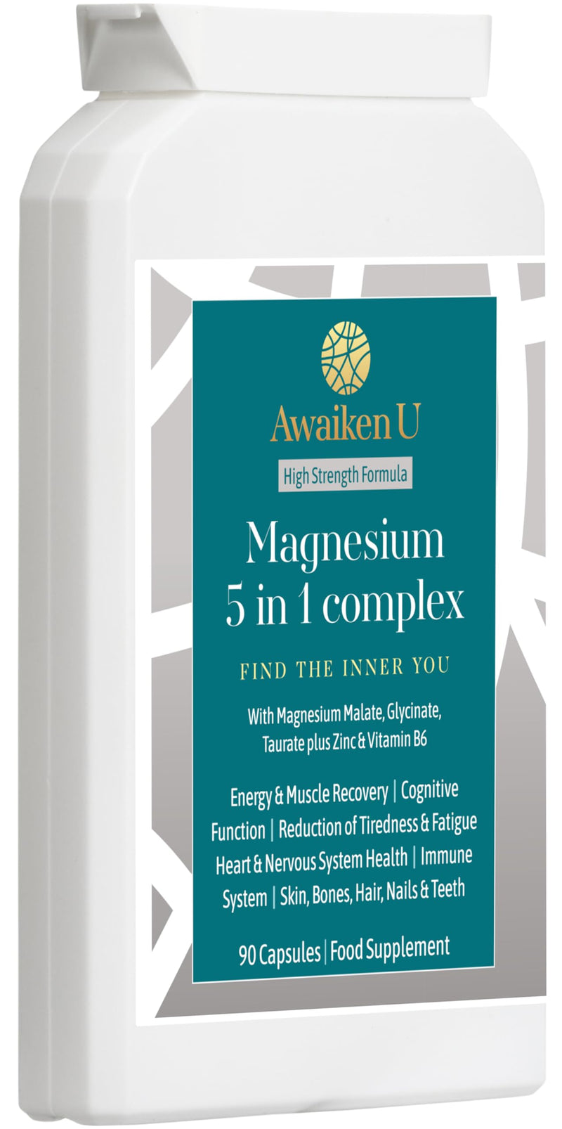 Magnesium Glycinate 5 in1 Complex -Magnesium Glycinate, Malate and Magnesium Taurate Plus Vitamin B6 & Zinc-High Strength, High Absorption, Easy to swallow-90 Vegan caps -UK Made