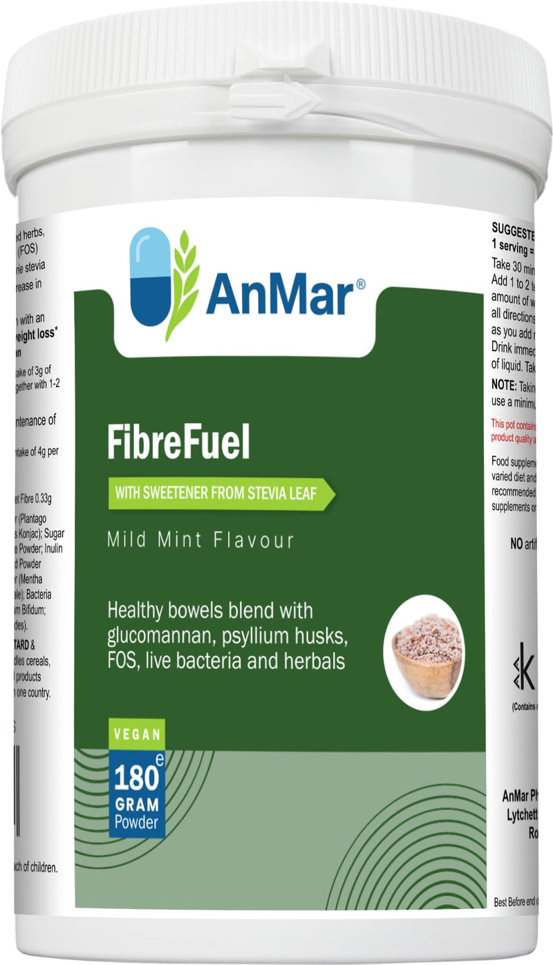 AnMar® FibreFuel | High Fibre Digestive Blend with Glucomannan, Psyllium Husk, FOS, Probiotics & L-Glutamine | Mild Mint | Vegan | 180g Powder
