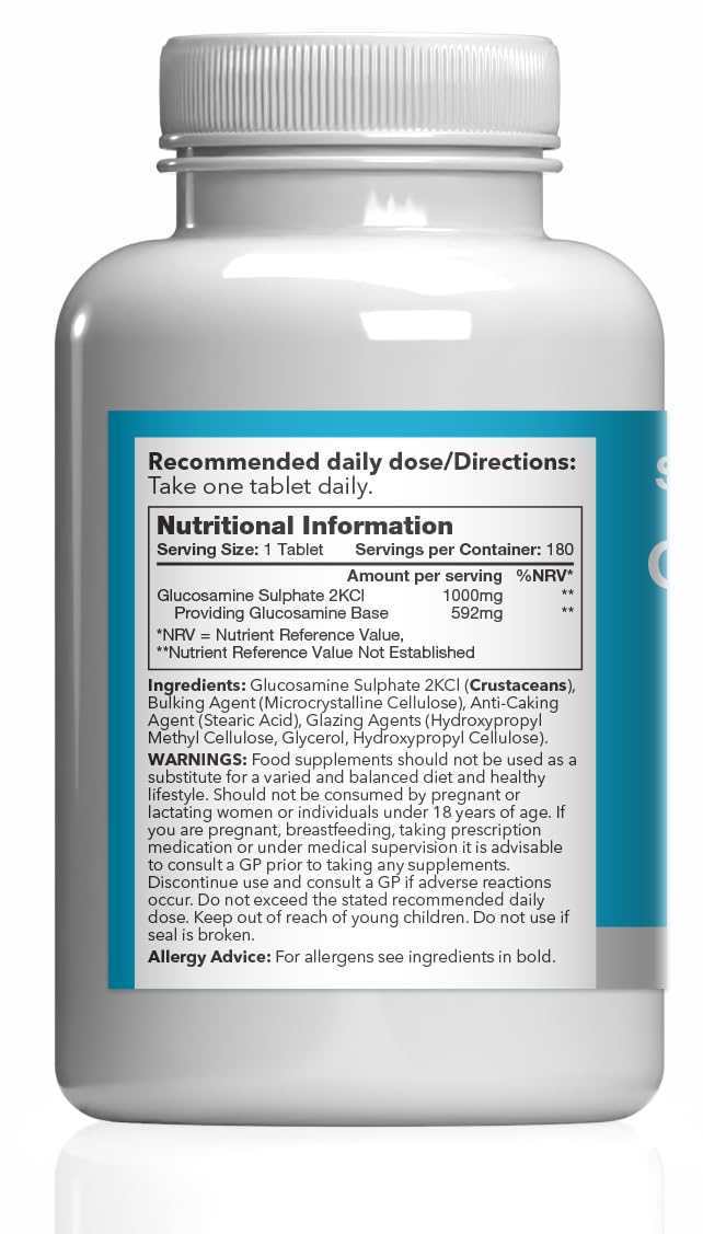Glucosamine Sulphate 2KCL 1000mg | One-A-Day Potent Formula | Supports Active Living | 360 Fast Release Tablets = 12 Months’ Supply | Marine Sourced | Made in The UK in Accordance with GMP Standards Unflavoured 180 count (Pack of 2)