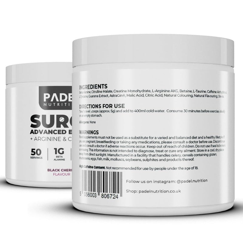 Energy Supplement for Padel Tennis - 50 Servings | Pre-Match Fuel for Tennis Players with Creatine, Caffeine & Arginine | Explosive Energy, Muscle Endurance & Mental Focus by Padel Nutrition Black Cherry
