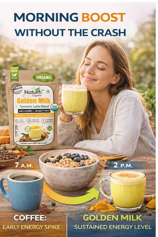 Naturfi Organic Golden Milk Powder with Turmeric, Ceylon Cinnamon, Ginger & Black Pepper | Anti-Inflammatory Turmeric Latte | Ayurvedic Blend | Unsweetened, Vegan, Non-GMO, Keto | 120 Servings, 150g