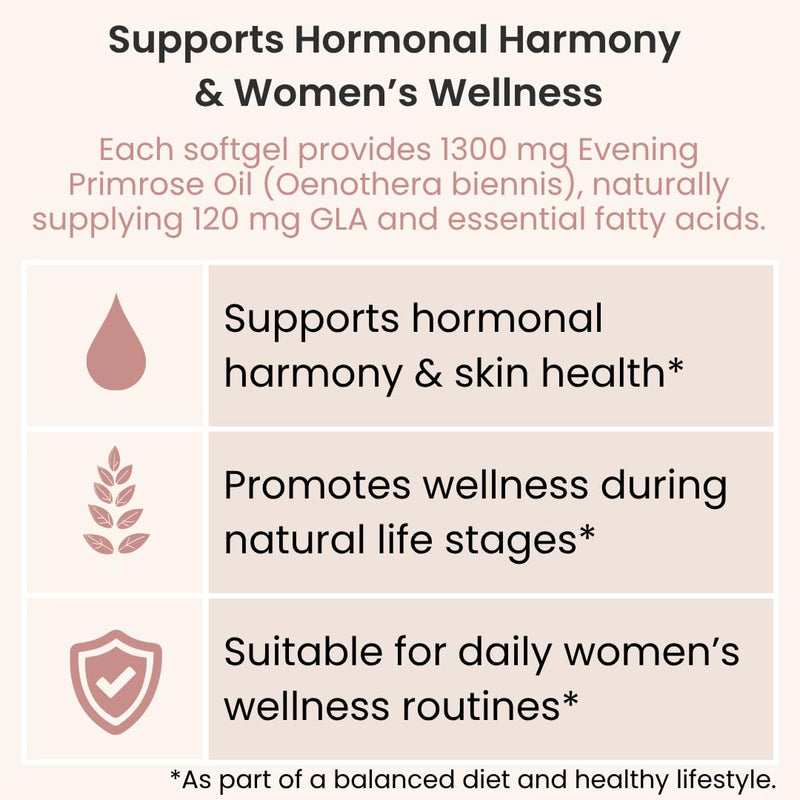 Evening Primrose Oil 1300mg | High Strength Cold Pressed Evening Primrose Capsules | 143mg GLA per Softgel | 120 Vegan Softgels | Omega-6 Supplement Women's Wellness & Skin Health | 4 Month Supply 120 count (Pack of 1)