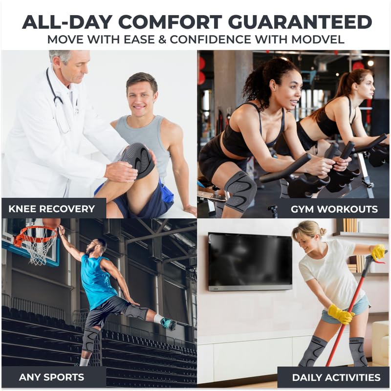 Modvel 2 Pack Knee Brace for Women & Men - Workout Knees Compression Sleeve for Knee Pain Relief Joint Support for ACL, Arthritis, Meniscus Tear Knees Brace for Sports, Rodilleras para Gym Fitness X-Large Black/Grey