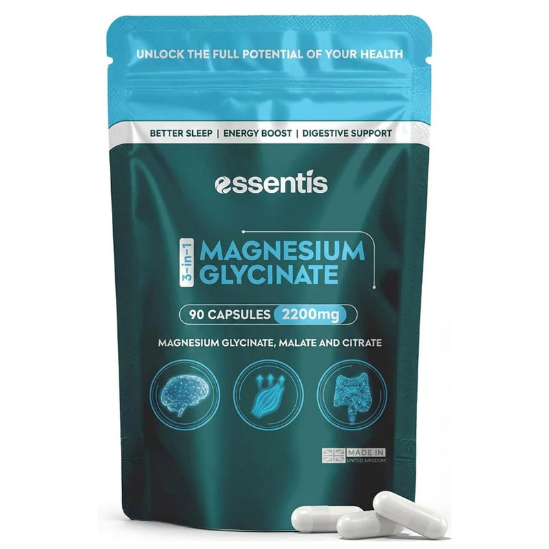 Magnesium Glycinate 3-in-1 Complex 2200mg - 90 High-Strength Capsules with Bisglycinate, Malate & Citrate for Better Sleep, Muscle Recovery, Energy & Bone Support, Vegan, UK Made