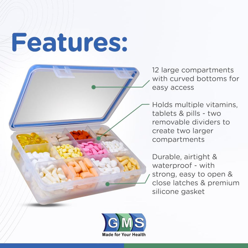 Large 12 Compartment Pill Organizer, Travel Vitamin Chest Box | Secure Locking Container for Daily Supplements & Tablets, Easy-Lock Design for Medicine Cabinet Organization & Travel
