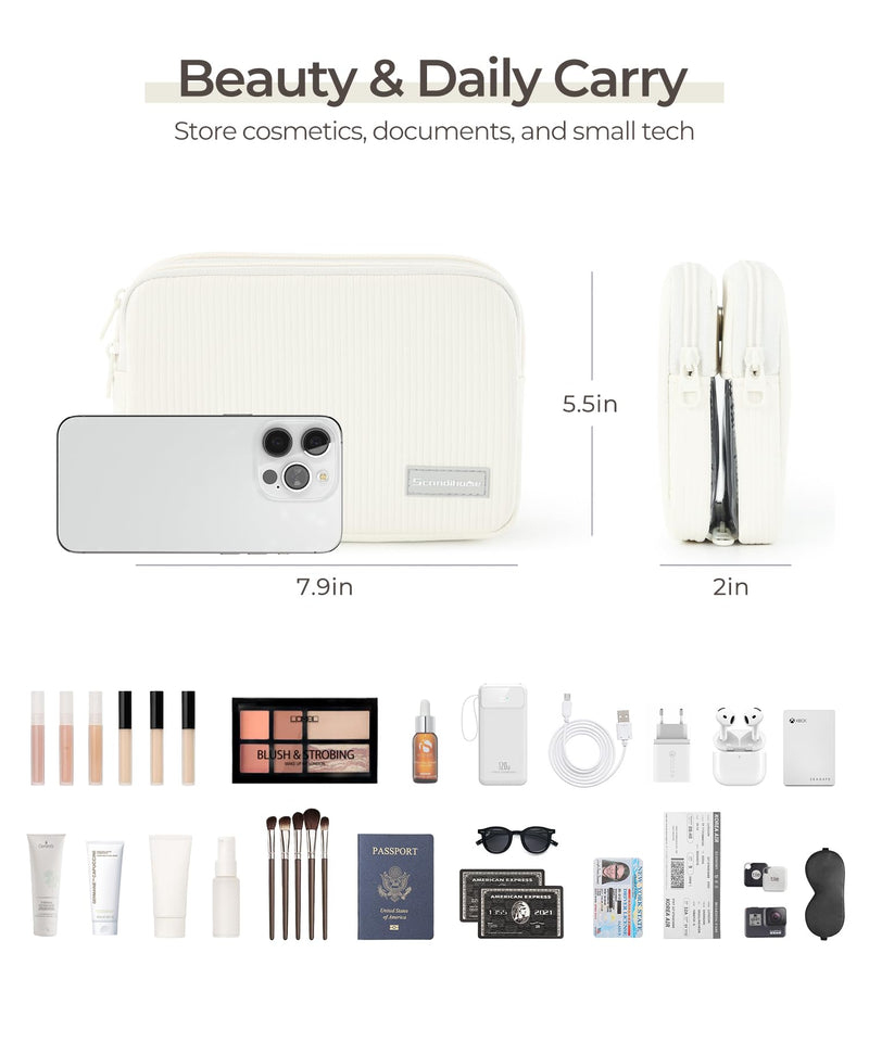 Makeup Bag Set for Women, 2 Pcs Corduroy Travel Cosmetic Organizer, Detachable Clear Pouch and Shell Shape Case, Waterproof Toiletry Storage for Beauty Essentials, Off-white