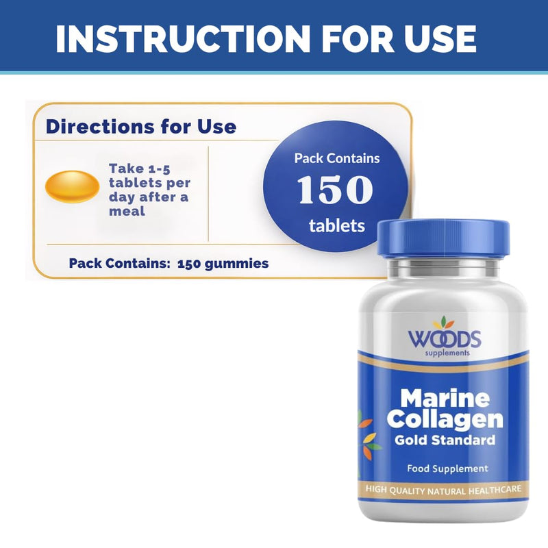 Woods Supplements - High Strength Collagen 150x Tablets. Marine Collagen with Hyaluronic Acid, Vitamin E, C, B6, Biotin & Zinc Food Supplement for Healthy Hair, Skin, Energy Production and Metabolism 150