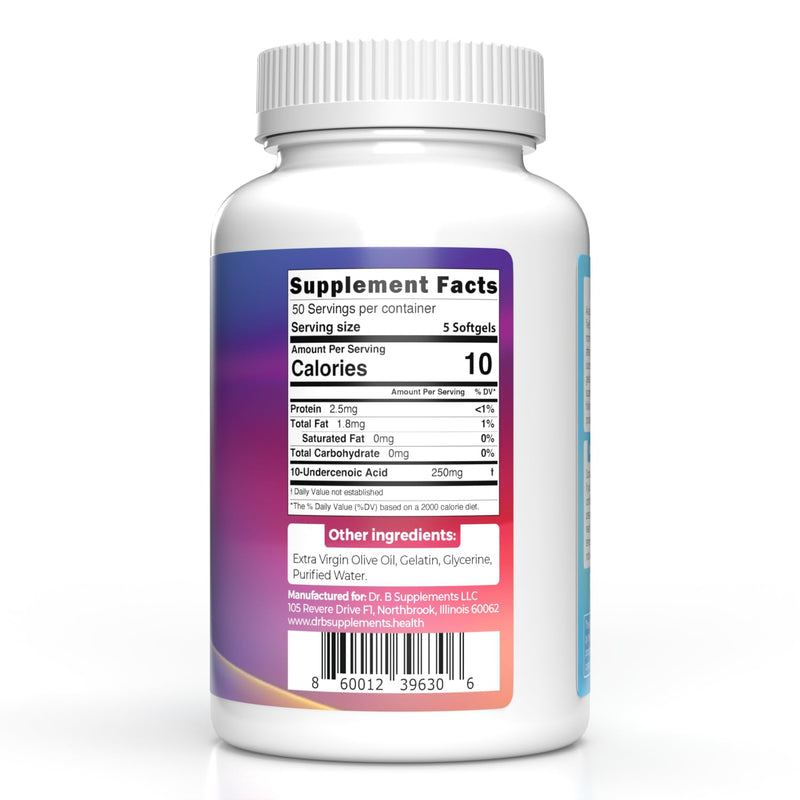 Undecylenic Acid 250 mg Softgels, 250 Count, 50 Servings | Fatty Acid Supplement for Gut & Vaginal Flora Balance, Digestive Health Support - Formerly SF722