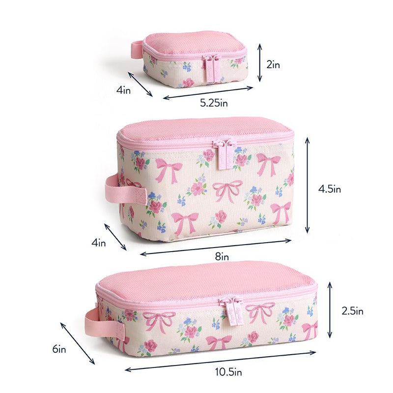 Itzy Ritzy Packing Cubes for Travel, Set of 3 Organizers (Ribbons & Roses) | Each Cube Features a Breathable Mesh Top, Smooth Double Zippers, and a Convenient Fabric Handle For Easy Packing and Carrying Ribbons & Roses