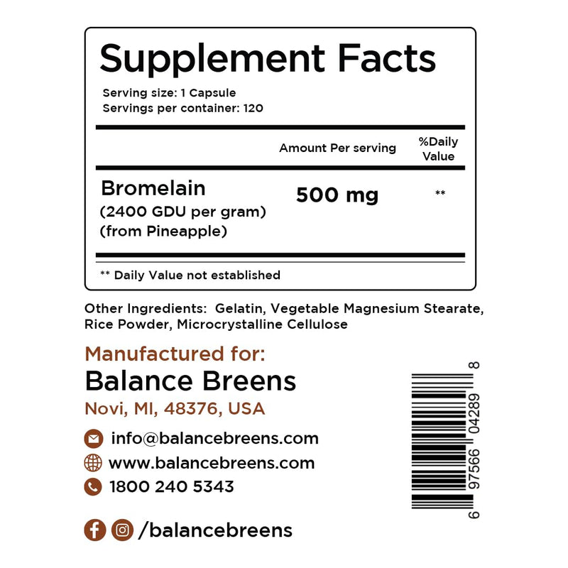 [Australia] - Balancebreens Bromelain 500mg, 120 Capsules - Pineapple Extract Digestive Enzyme, Supports Digestion and Joint Health Supplement 120 Count (Pack of 1) 